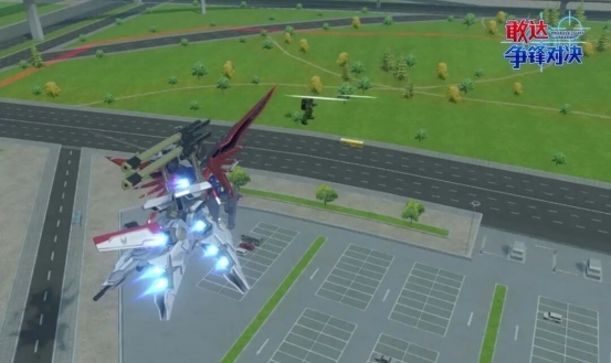 左向突进实战画面：机体斜向跃起规避子弹，同时锁定侧翼敌人，镜头动感十足