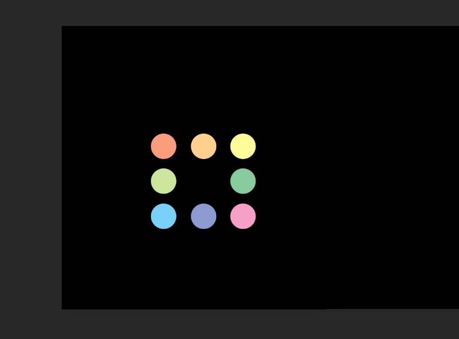 中心位置叠加一条哑光黑色细长矩形,轻微倾斜约15度,与外围彩色圆环形成动静对比,奠定漩涡初态