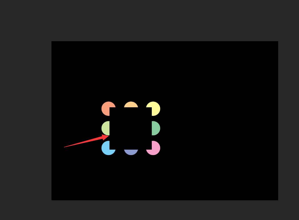 Photoshop图层面板特写:八个彩色圆形与中心黑矩形已全部选中,右键菜单中‘栅格化图层’选项高亮显示