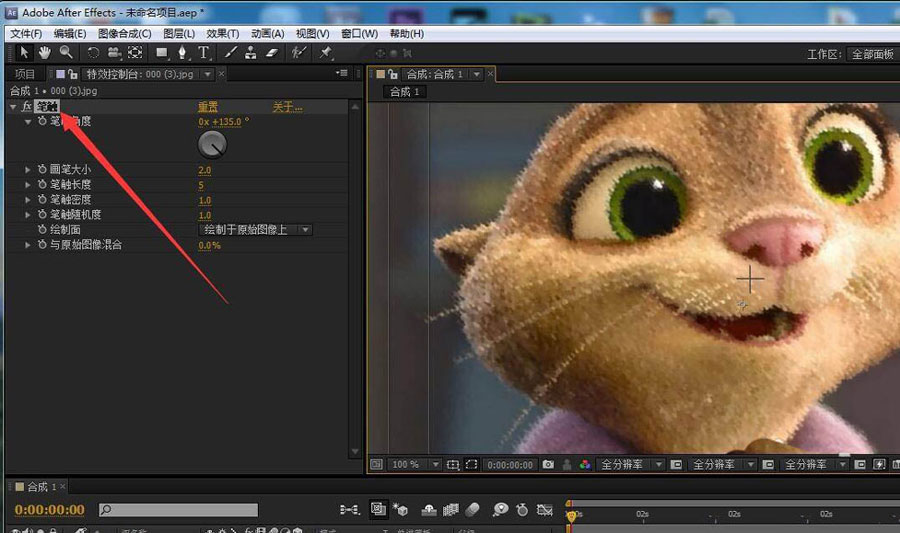 对比效果图：左侧为原始灰度建筑照片，右侧为应用笔触效果后的作品，呈现鲜明黑白钢笔速写风格，线条富有力度变化与飞白细节