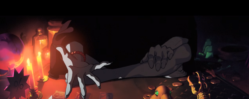 《杀戮尖塔2》亡灵契约师角色立绘：身披暗紫斗篷的骷髅法师手持巨镰，脚下浮现幽蓝墓碑虚影，背景弥漫着骸骨与符文交织的死亡气息