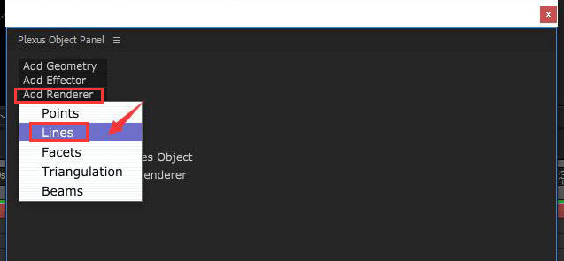 Plexus插件面板中Add Renderer区域特写，Lines按钮被明显点击并高亮，右侧同步显示Camera图层已成功添加至时间轴