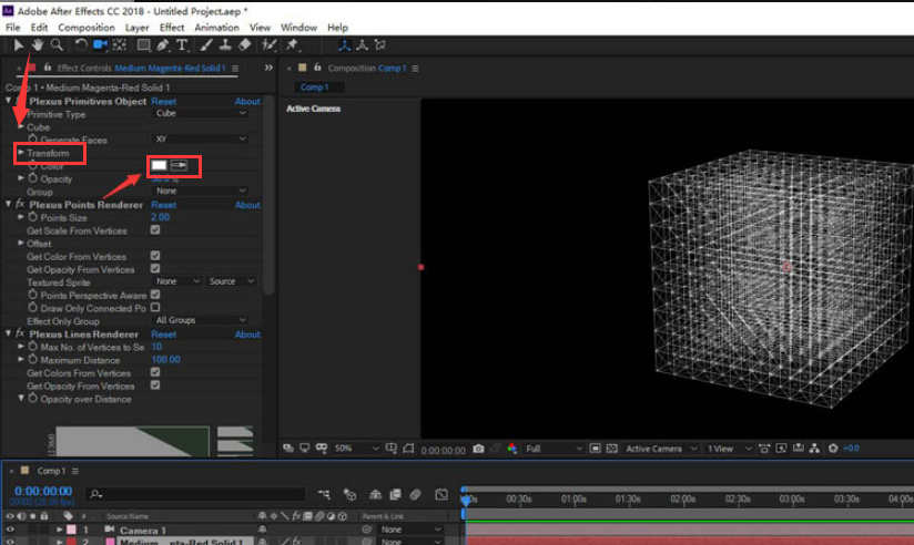 After Effects效果控件面板特写，Transform区域Color按钮呈激活状态，色轮弹窗显示当前选取为青蓝色系，下方Size数值滑块设为1.8