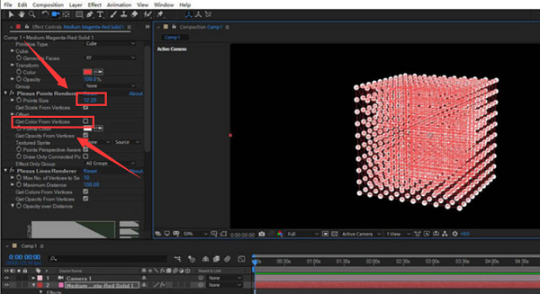 最终成片效果对比图：左半图为未调色的灰白点线网络，右半图为应用青橙双色调后的动态粒子流，线条边缘带有微妙的辉光扩散效果