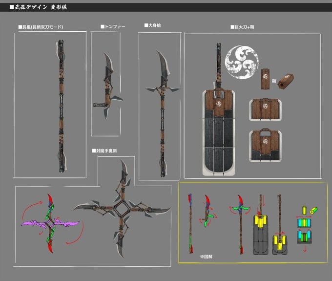 《狂野之心S》变形棍武器设定图：一把融合机关杖灵感的可伸缩长棍，金属关节泛着冷光，背景浮现樱花与齿轮交织的浮世绘纹样
