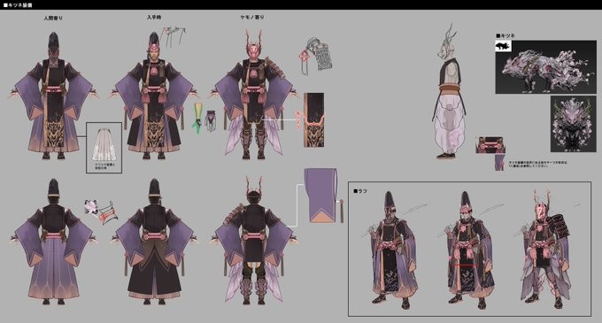 《狂野之心S》玉响风格防具设定图：深紫渐变振袖铠甲缀满浮世绘云纹，肩甲化为狰狞兽首，面甲半遮半露透出幽蓝瞳光