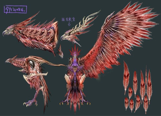 《狂野之心S》天照守野兽设定图：金色巨鹿形态悬浮于破碎神社之上，鹿角缠绕雷云与发光藤蔓，脚下大地龟裂涌出金色天丝能量流