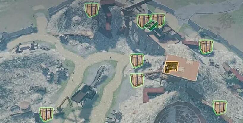 工业废料区作业现场:巨大起重机悬臂下堆放银色钛板,右侧工作台环绕四只同款加密箱,中轴线地面嵌有发光战术装备图标