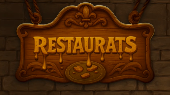 《鼠鼠餐厅》Steam页面主视觉图:一群拟人化老鼠身着中世纪围裙与厨师帽,站在古朴石砌餐厅门前,背景飘着烤鸡、酒桶与飞溅酱汁的夸张特效