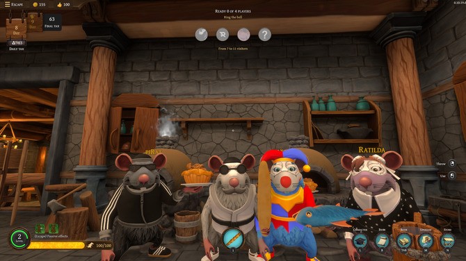 游戏实机画面:主角老鼠跃起投掷烤鸡,食物在空中划出抛物线,三名兽人顾客张大嘴巴等待接住,背景墙壁绘有中世纪风格壁画与滴血肉钩