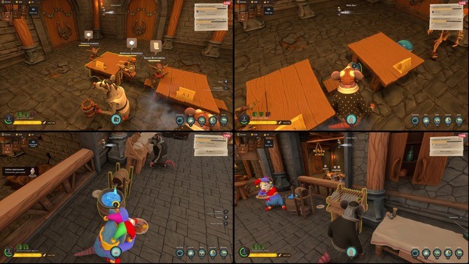 厨房特写:多只老鼠协同作业,一只拉风箱、一只翻烤叉、一只用尾巴卷起调味瓶撒香料,灶台火焰跃动,背景架子挂满猪蹄与干辣椒串