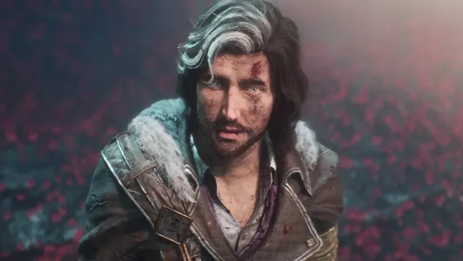 肯·列文在演讲台前神情坚定，背景屏幕显示《生化奇兵》标志性水下城市海报与‘Story First’标语