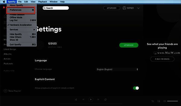 Spotify Mac版设置菜单界面