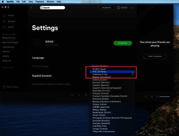 Spotify Mac版语言设置界面