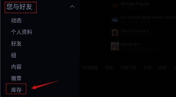 Steam 软件左上角按钮及库存选项界面