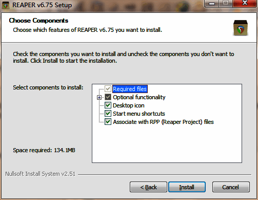 Reaper安装组件选择界面